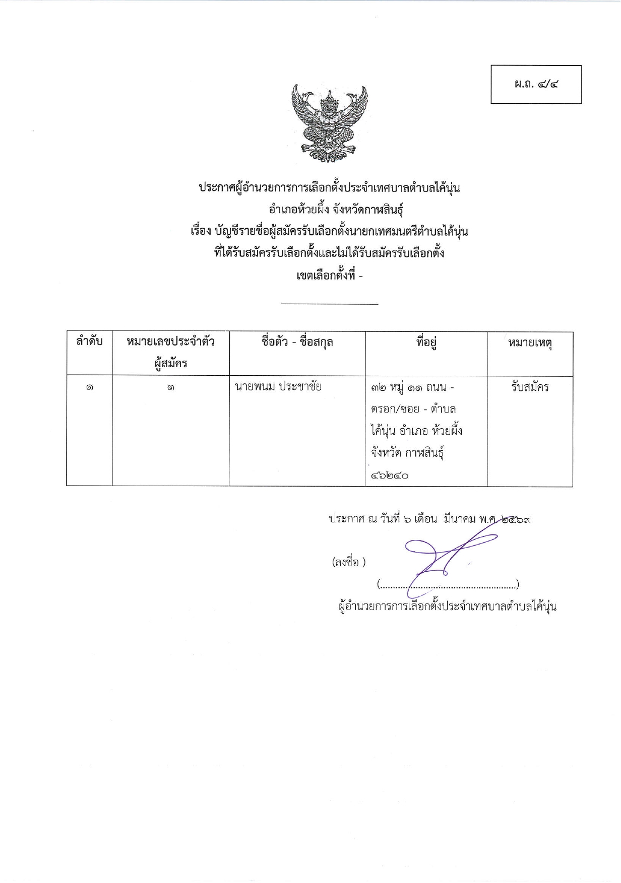 ประกาศผู้อำนวยการการเลือกตั้งประจำเทศบาลตำบลไค้นุ่น อำเภอห้วยผึ้ง จังหวัดกาฬสินธุ์ เรื่อง บัญชีรายชื่อผู้สมัครรับเลือกตั้งสมาชิกสภาเทศบาลตำบลไค้นุ่น และผู้สมัครรับเลือกตั้งนายกเทศมนตรีตำบลไค้นุ่น ที่ได้รับสมัครรับเลือกตั้งและไม่ได้รับสมัครรับเลือกตั้ง